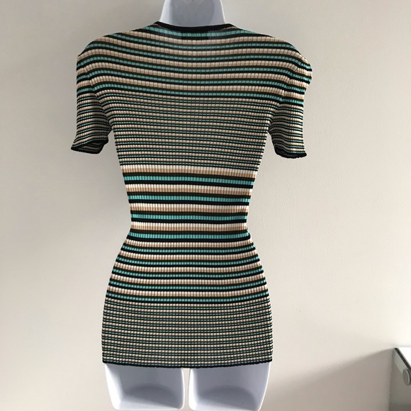 Ozbek Knitted Striped Short Sleeve Top Blue Black Tan 90’s Y2K Vintage - Picture 2 of 13